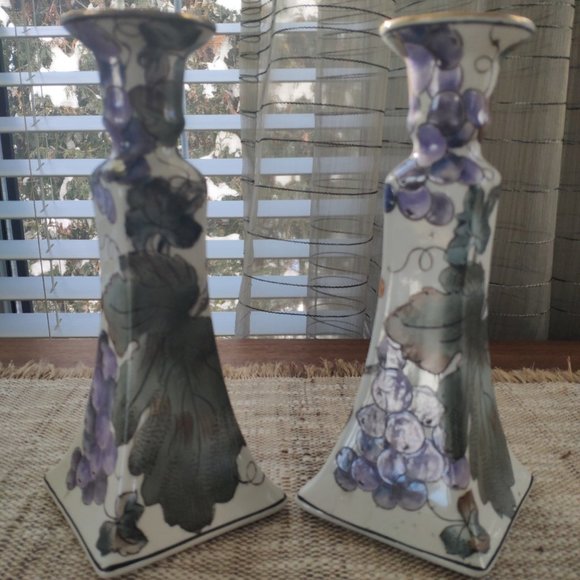 Chinese Candle Holders Set of 2 VTG Porcelain Hand Painted Etched Berries 8.5" - Picture 4 of 11